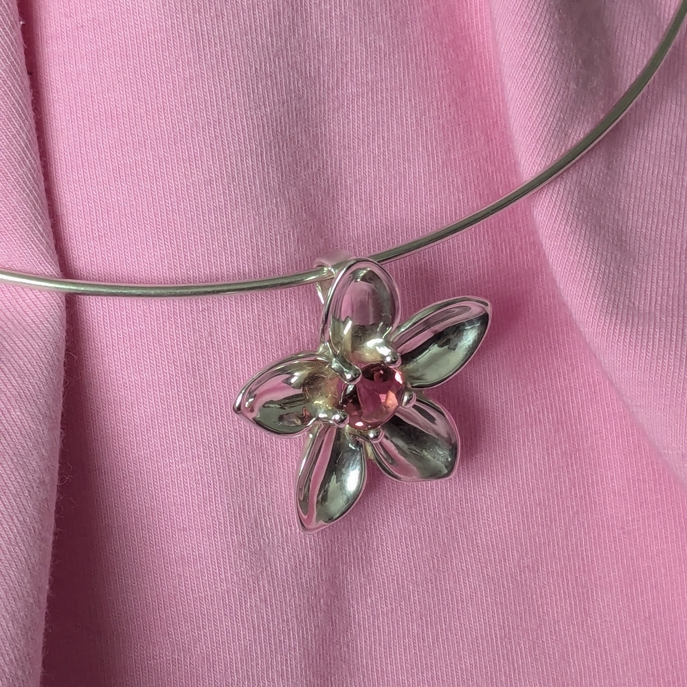 TIFFANY & CO Sterling Silver Pink Tourmaline Flower Pendant Choker Necklace 2003 - Picture 7 of 15